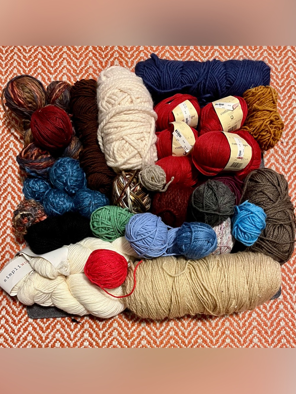 Assorted Yarn Lot in Red, Blue, Cream, Green, Brown
